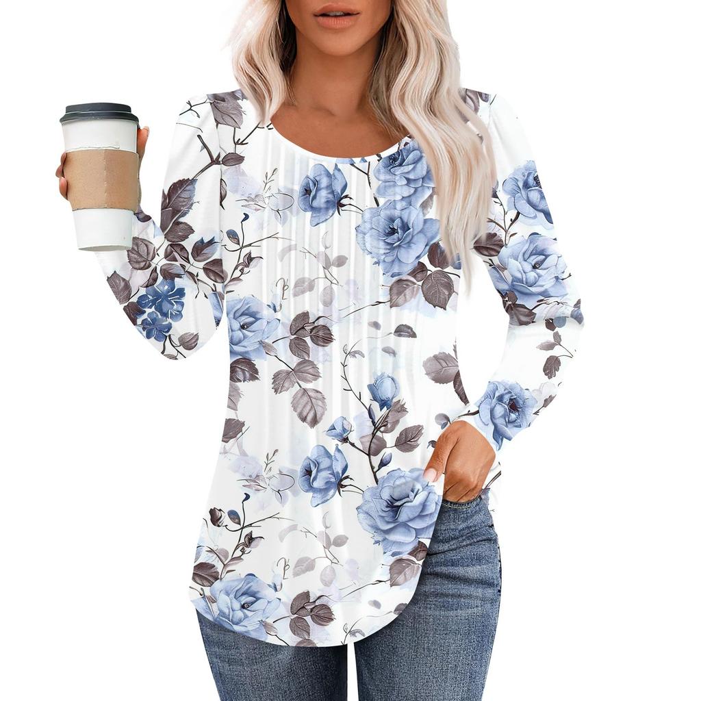 Long Sleeve Shirts For Women Tops Dressy Casual Blouses Pleated Scooped Neck Tunic Tops