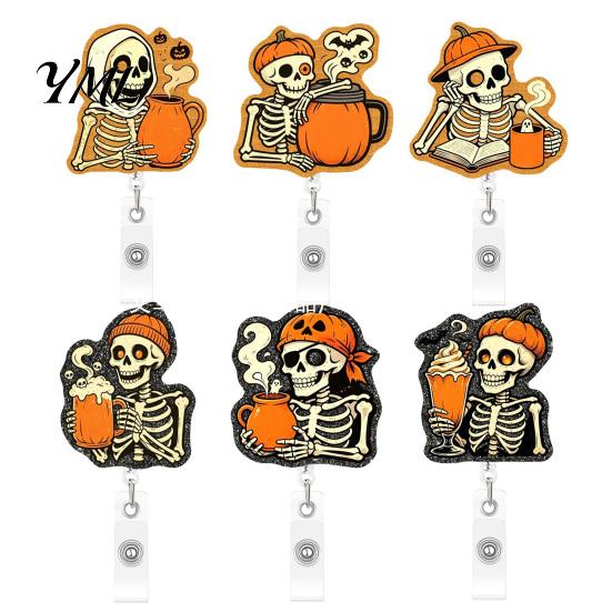 Retractable Badge Holder Halloween Reel, Skeleton And Pumpkin Design, Acrylic ID Card Teacher Id Reel with Sturdy Metal Clip for Nurses Office