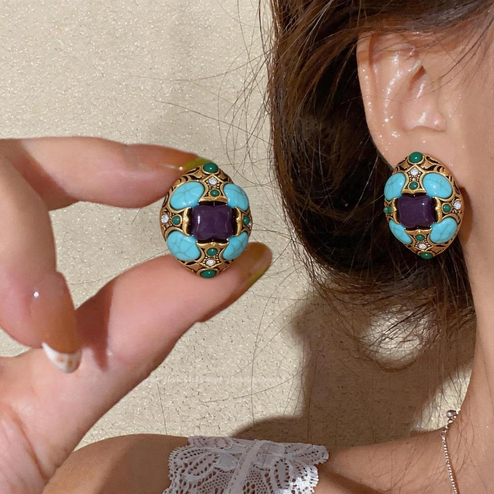 Retro Turquoise Purple Zircon Flower Stud Earrings for Women No Piercing Imitation Gem Filigree Oval Ear Clip Ethnic Jewelry