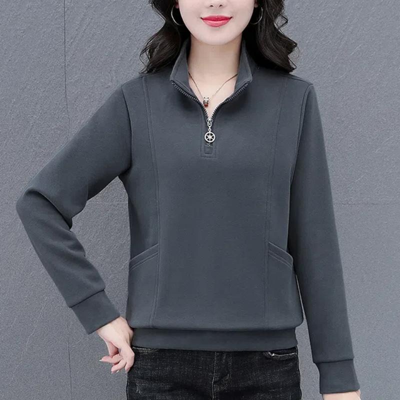 

Весна Осень Женская Одежда Однотонный Пуловер Молния Полуоткрытый Воротник Фонарь Длинный Рукав Повседневная Мода Толстовки Топы XXXL серый