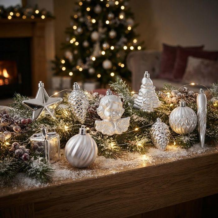 Kit de 16 Boules et Décorations de Noël Argent Assortiment Festif 5 a 8 cm