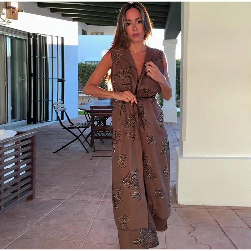 Modny haftowany top damski retro okrągły dekolt bez rękawów pas długi kamizelka lato jesień ulica damskie kamizelki