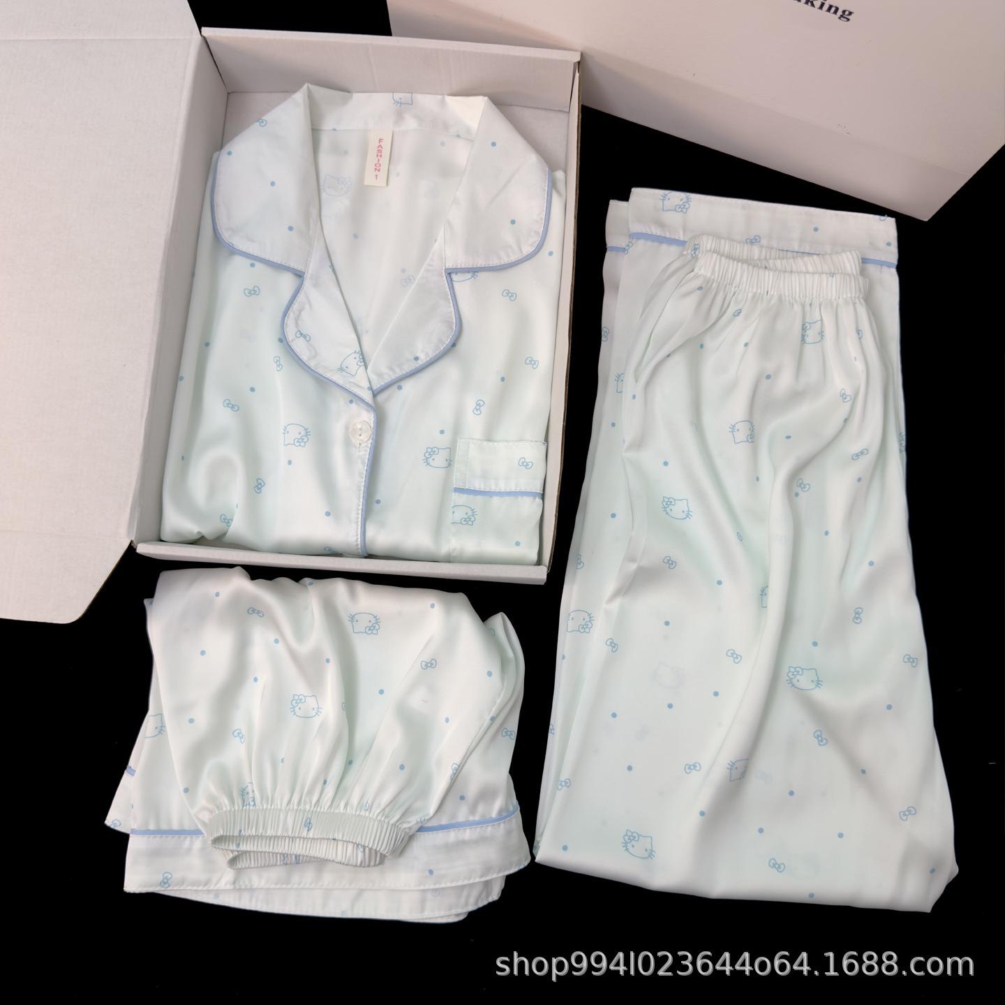 Ice and snow silk three-piece pajamas women s short-sleeved summer ice silk new silk satin loungewear set M