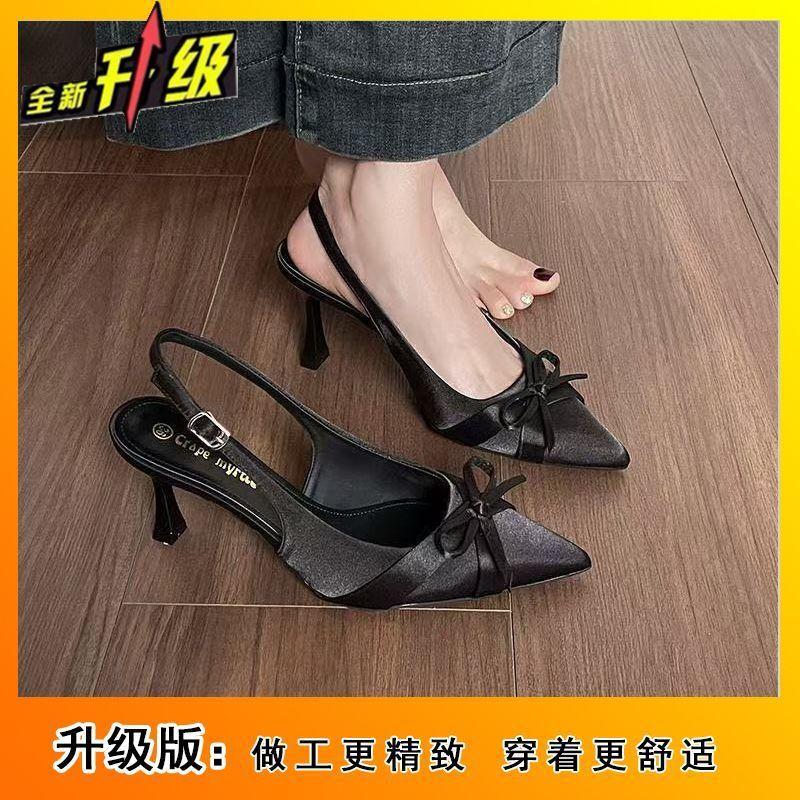 Pointed thin heel French bow high heel single shoes 2025 spring and summer new fashion bag head sandals women's summer outer wear