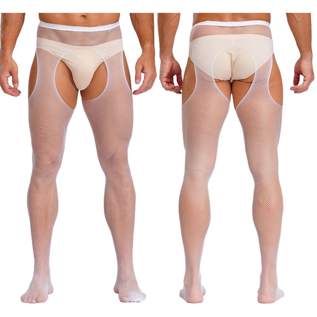 Mens Mid Waist Hollow Out Cutout Opening Crotch Tights Stockings Leggings Elastic Waistband Pantyhose