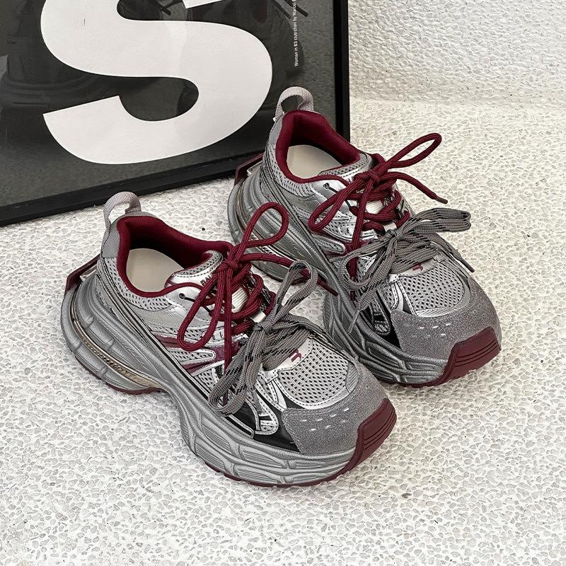 Leather dad shoes women's thick soles increase in height, small people show long legs, sports shoes 2025 spring breathable casual jogging shoes