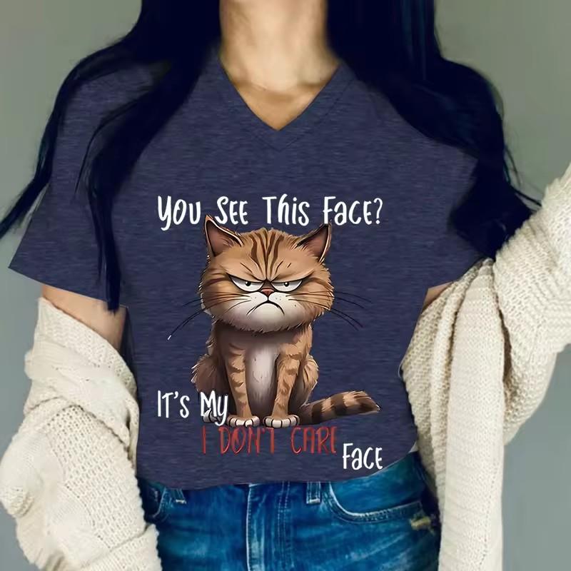3D Printed Women's Clothing Angry Cat Printed T-shirt IT'S My I DON'T CARE FACE Funny T Shirts V-neck Graphic Shirts and Blouses Cat Lover