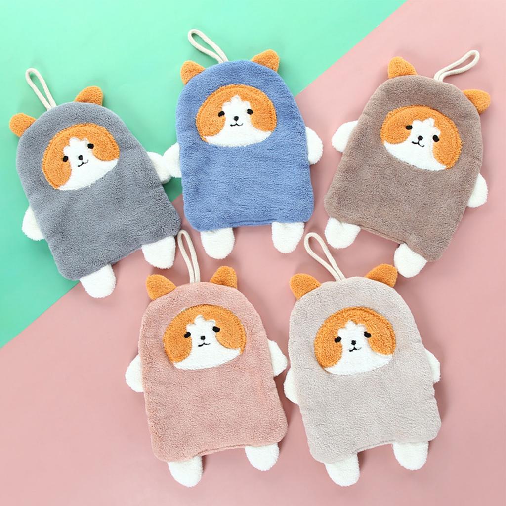 Towel Dog Pattern Coral Fleece Strong Water Absorption Fast Drying Hanging Hand Towel Brown