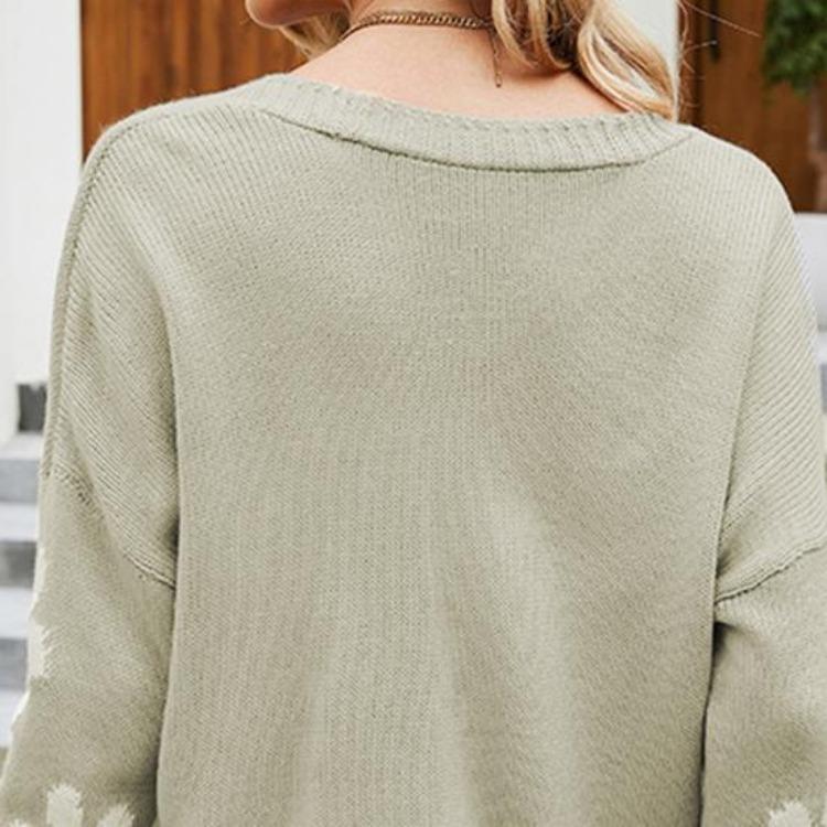 V Neck Floral Pattern Knitwear Cardigan Women Long Sleeve Button Placket Knitting Coat Sweater Jacket