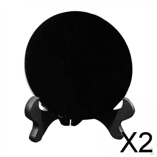 2x Obsidian Stone Disc Feng Shui Mirror for Desk with Stand Round Mini Scrying