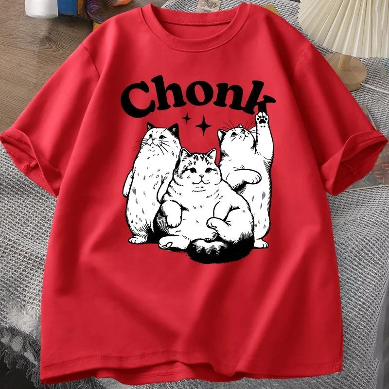 Ladies Casual Short Sleeved Tshirt with Cute Cartoon Cat Chonk Letter Print Fashionable Daily Ladies Tshirt