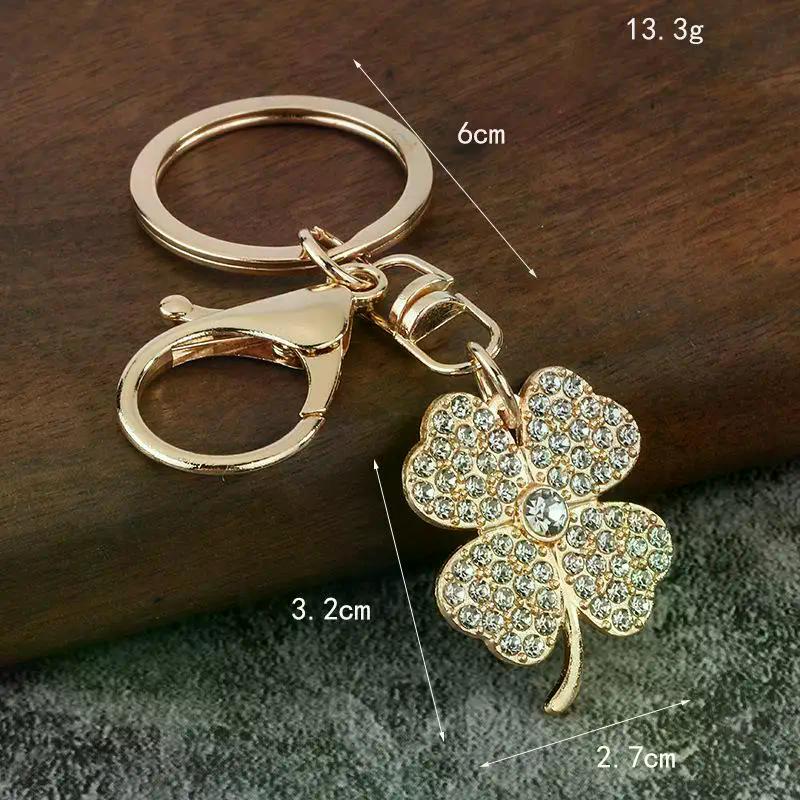 Trendy Exquisite Rhinestone Four-leaf Clover Keychain Lucky Luxury Metal Keyring For Women Bag Charms Key Holder Pendant
