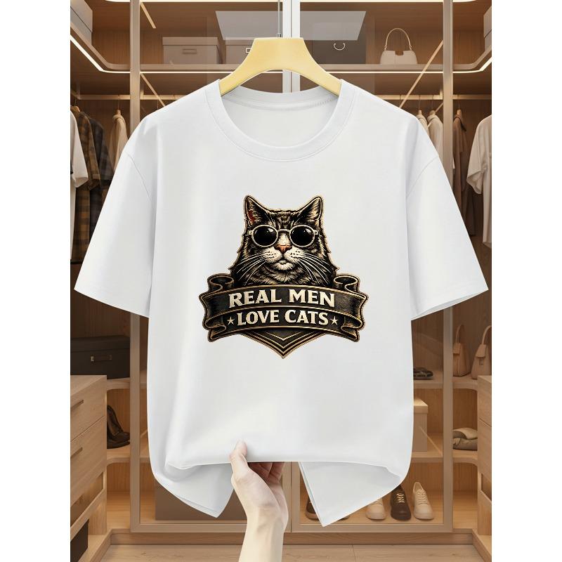 Plus Size Men S T-Shirts Men S Glasses Cat Print T-Shirt Real Men Love Cats Comfortable Casual Short-Sleeved T-Shirt in Summer S
