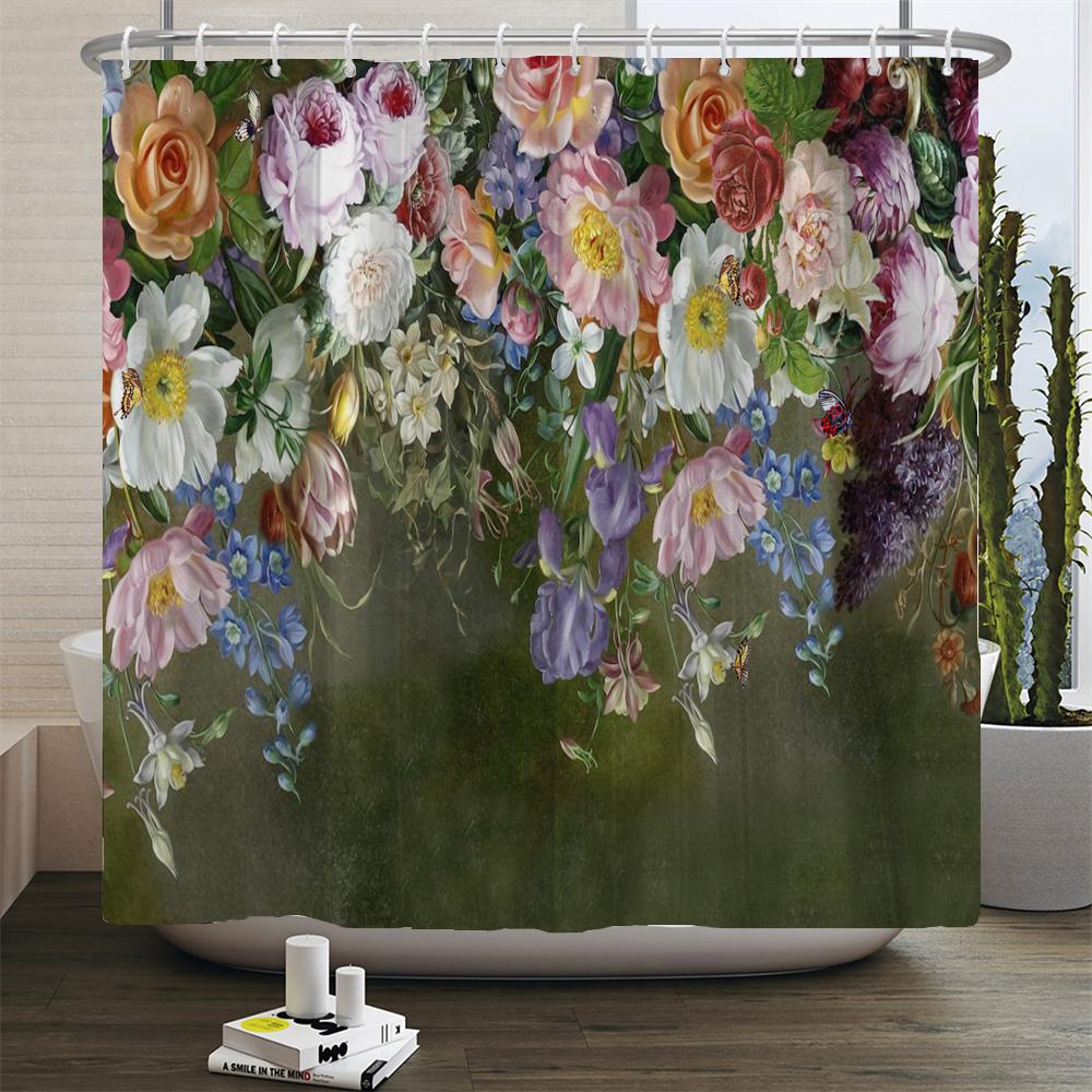 European Blooming Flowers Shower Curtain Rural style Home Decoration 180x200cm Waterproof Fabric Bathroom Curtains With Hooks