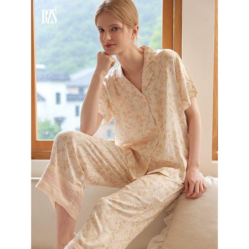 24 New Small Lapel Women Rayon Satin Floral Print Pajamas Set Short sleeve Trousers Can Be Worn outside Homewear