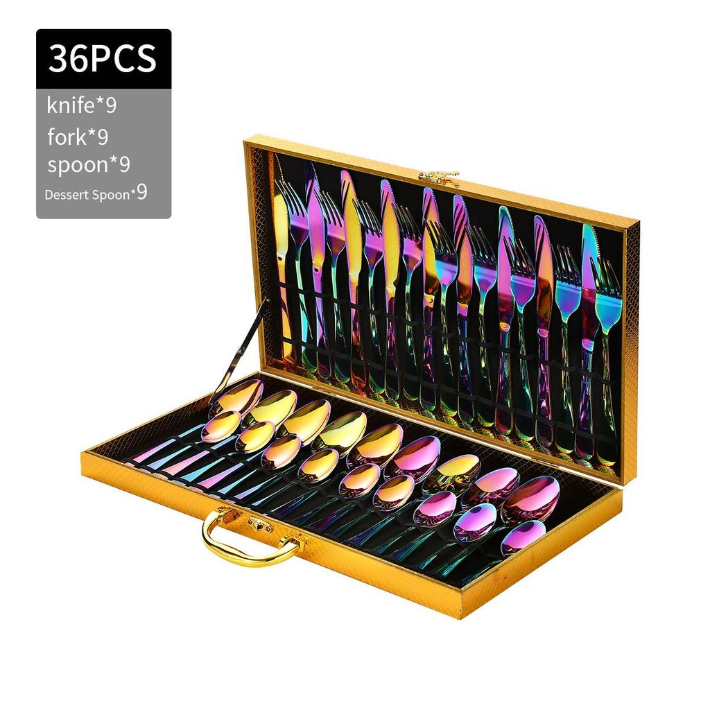 Golden Wooden Box Stainless Steel Cutlery Set - Steak Knife, Fork, Spoon for Western Dining