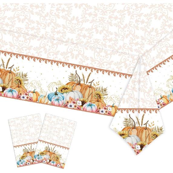 2PCS Thanksgiving Turkey Tablecloth Set, Disposable Plastic Rectangle Table Cover for Holiday Dining Decor, Festive Autumn Leaves Fall Theme, 54" X