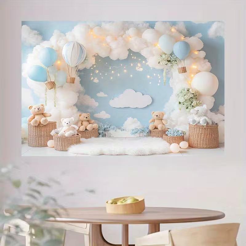 2D Bear Hot Air Balloon Photography Backdrop for Baby Shower