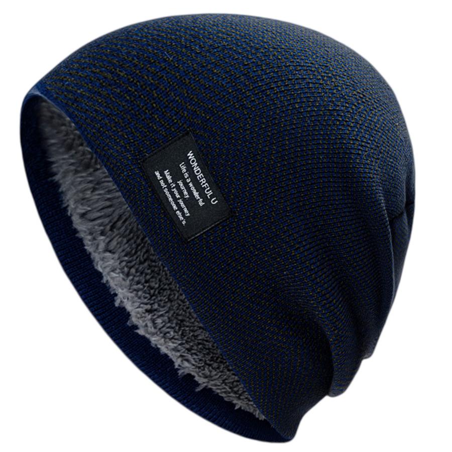Herren Slouchy Strickmützen Gefütterte Warme Sport-Beanie Lässige Label-Deko Wintermützen