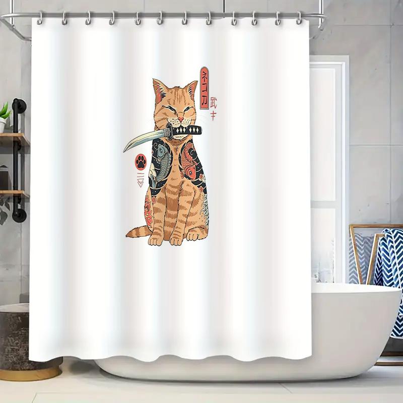 

Japanese Cat Shower Curtain Washable Anime Decor Bathroom Fabric Japanese Style Cute Kitty Pattern Home Decor Gift W60H190(CM)-1 Pcs