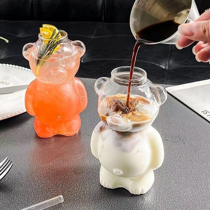 320ML Cute Bear Shaped Coffee Mug Cartoon Bear GlassCup With Straw TransparentCup Birthday Christmas Gift for Women Kids Friends