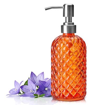 1 pièce Distributeur de savon couleur orange 16 oz Salle de bain, Distributeur de savon en verre avec pompe, Distributeur de savon en verre à motifs de gemmes pour savon pour les mains