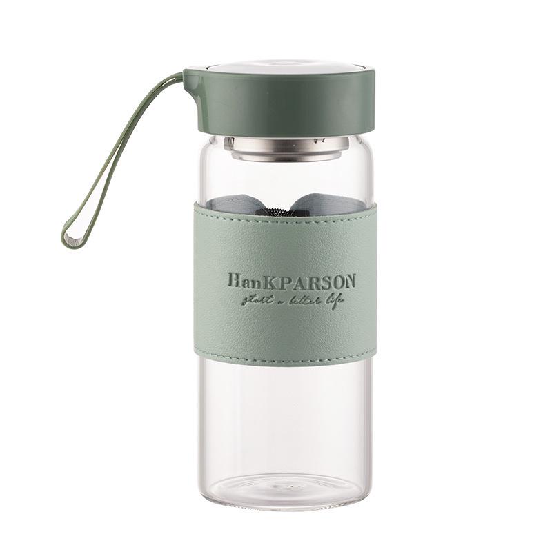 Fashionable Transparent Glass Water Cup with Leather Sleeve & Silicone Strap
