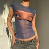 Summer Retro Aesthetics T-shirt Transparent Mesh Short Sexy Top Open Umbilical Gothic Funny Eye Picture T-shirt
