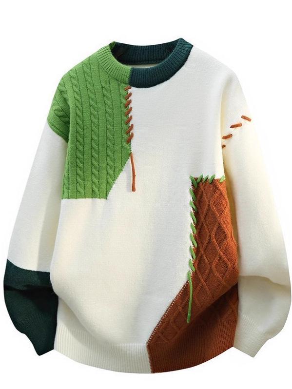 A/W 2025 Color Block Knit Sweater - Casual Couple's Round Neck Top