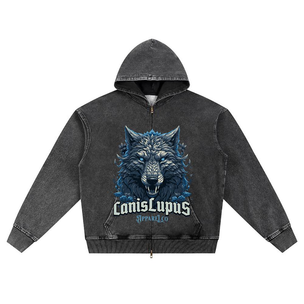 DTG print Knitted Denim Zip-Up Hoodie Canis Lupus Brother Print Zipper Hoodies  