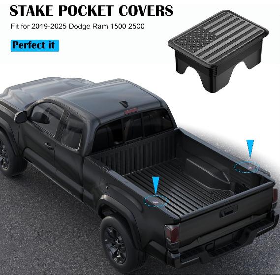 Ram 1500 American Flag Stake Pocket Covers, Rear Truck Bed Rail Stake Pocket Cover Compatible with      2024 2025 Dodge Ram 1500 2500 Accessories(Set