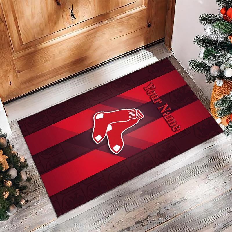 Boston Red Sox Crystal Velvet Rug, Custom Name Text Personalized Non‑Slip Floor Mat for Home Decor Gift