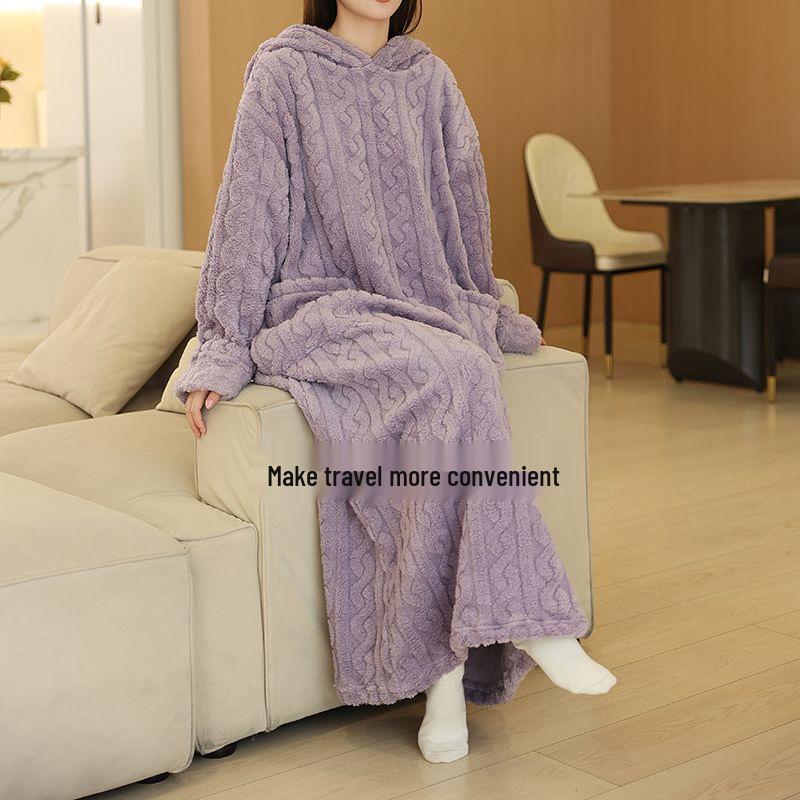 Damen Kapuzen-Zopfstrick-Pyjama-Set - Einfarbig, Dickes Korallenfleece, Plus Samt, Niedlicher langer Bademantel, Perfekt für Herbst und Winter