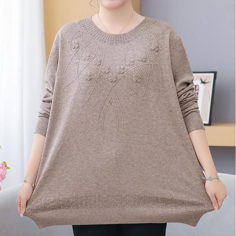 Women's Loose Plus-Size Sweater Autumn and Winter Crew Neck Printed Knitwear Soft and Skin-Friendly Stretch Pullover Top