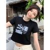 Funny girl navel print short-sleeved T-shirt summer new student black top
