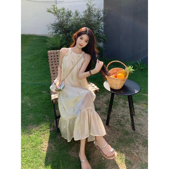 

French elegant neck dress women s summer new retro loose floral printing temperament medium and long skirt chic S абрикосовый