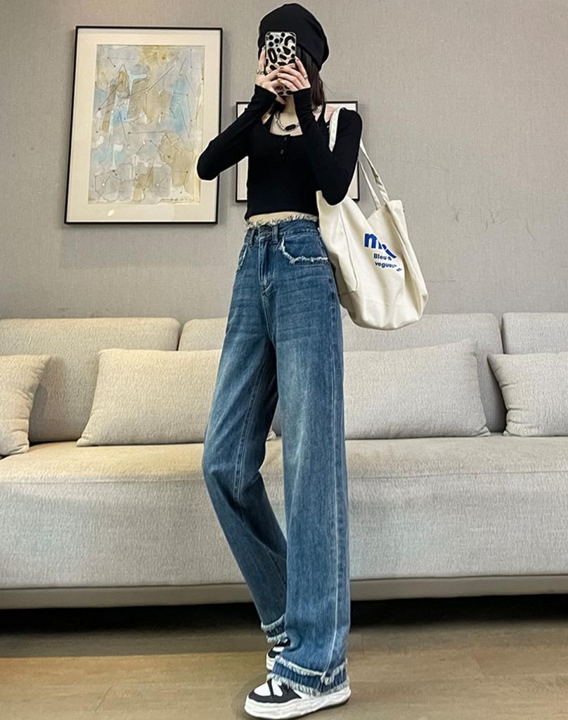 Fashion Wide-leg Jeans Women's Spring and Autumn New Retro Blue Rough Edge High Waist Drape Thin Loose Straight Pants