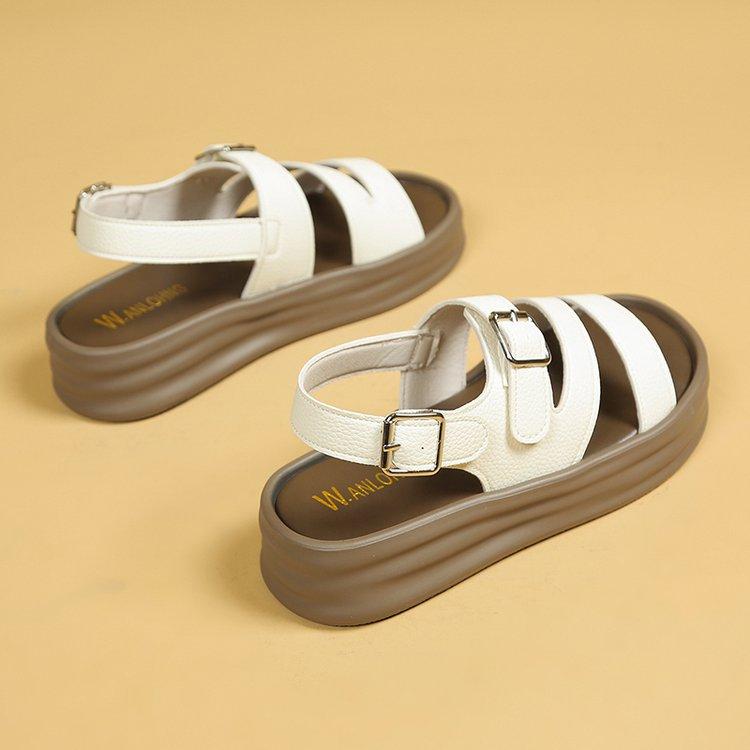 

Казковий вітер 2025 літо нова мода жіночі босоніжки з відкритим носком ремінець з пряжкою на одне слово плоский середній каблук порожні босоніжки 40 бежевий