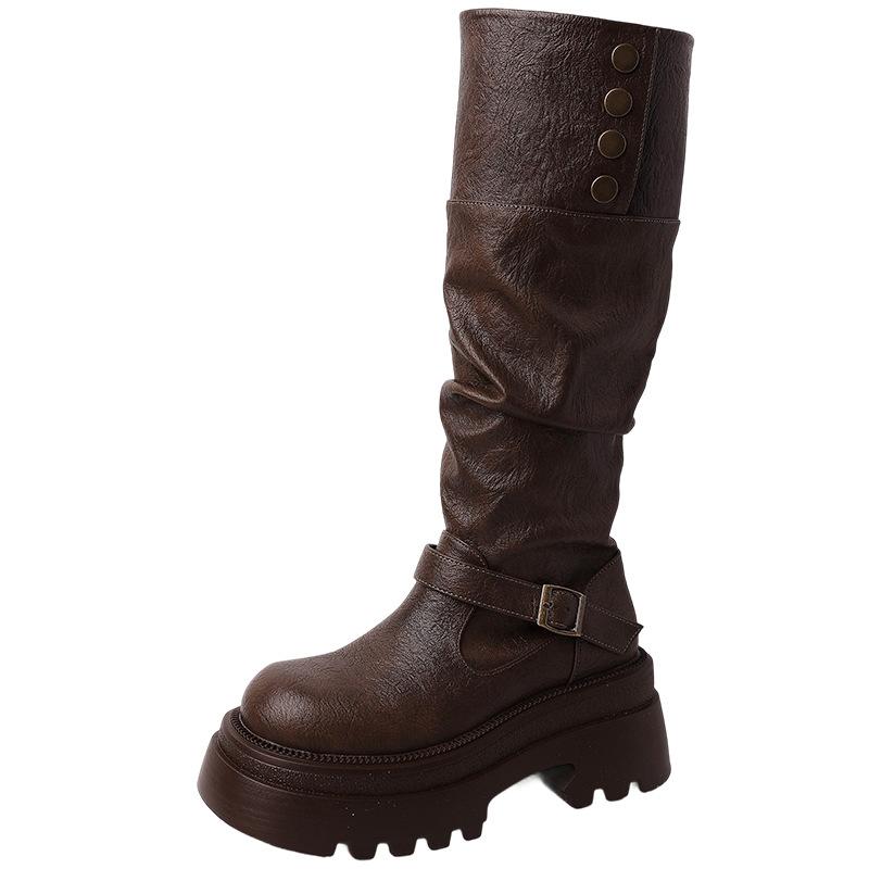 Retro britisk stil sammenleggbare plattformstøvletter med tykk hæl høst og vinter mote slankende kvinners designfølelse ridestøvletter