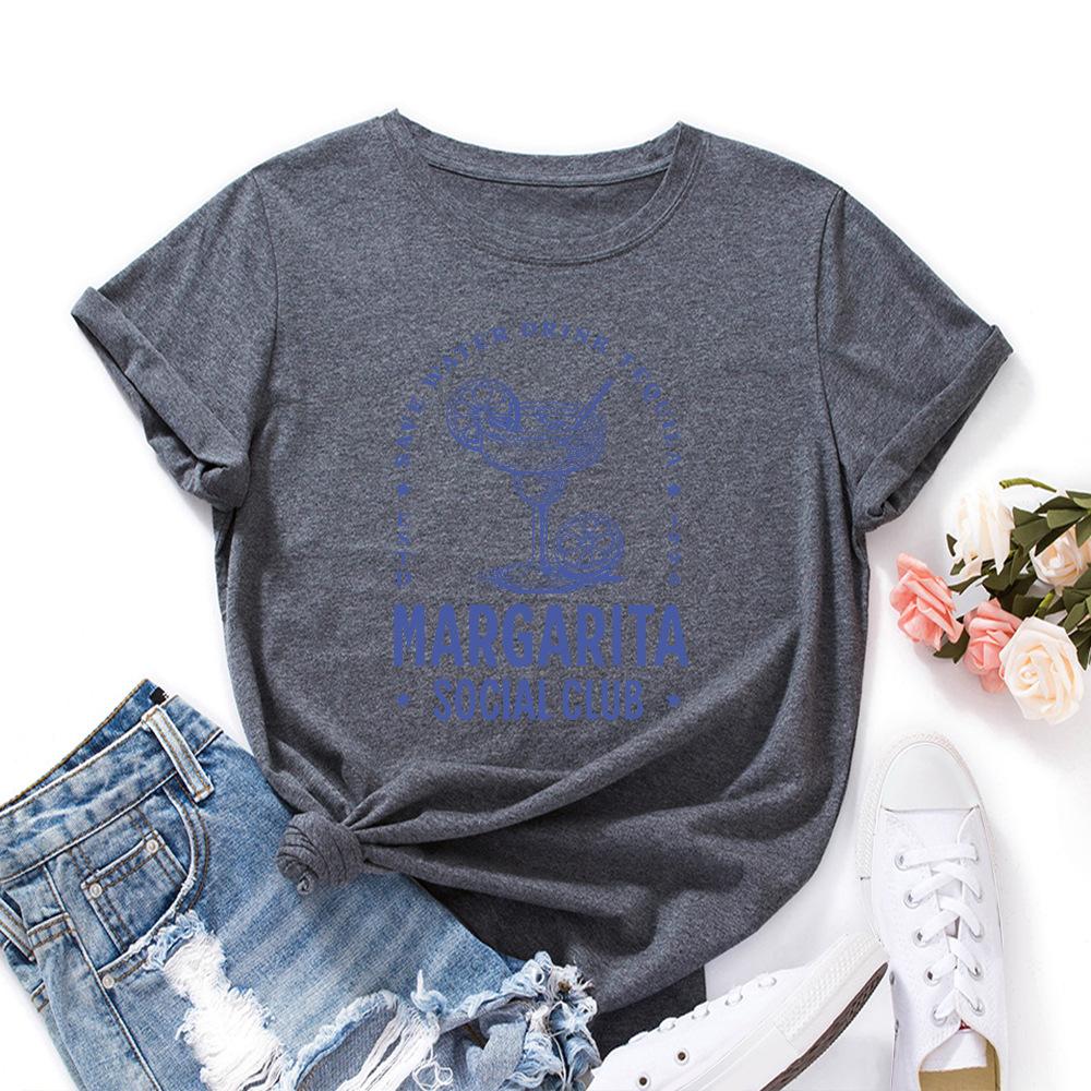 Social Club Cotton T-Shirt Short Sleeve Round Neck Women 2d Print Tops