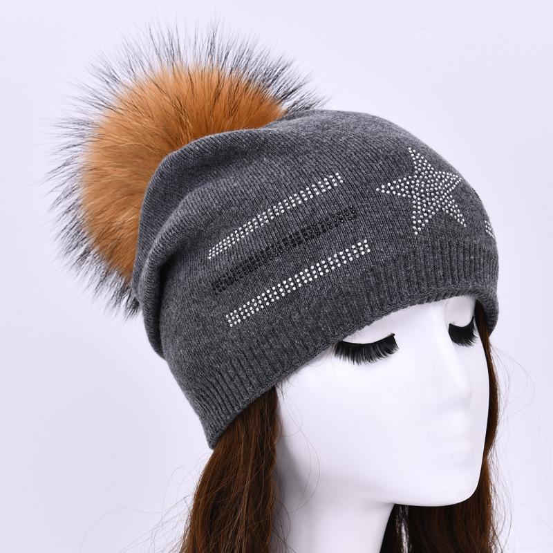 Wool knitted hat big beanie new with drill horizontal bar five-pointed star men and women soft comfortable warm wool hat