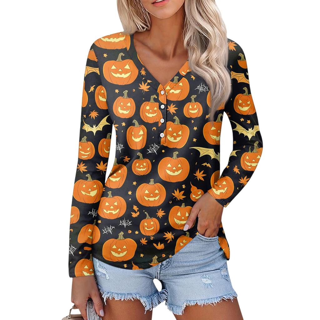 Women's Casual Fashion Sexy Comfort Halloween Printed V-Neck Button Long Sleeve