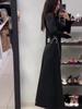Women's 2025 Long Sleeve Round Neck Dress with Tie Waist, European Style Bell Sleeves, Fitted Waist for Autumn.