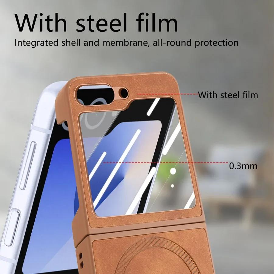 Magsafe Case for Samsung Galaxy Z Flip 6 5 4 Matte Leather Phone Cover for Samsung Z Flip4 Flip5 Flip6 Protection Cases with Screen Protector