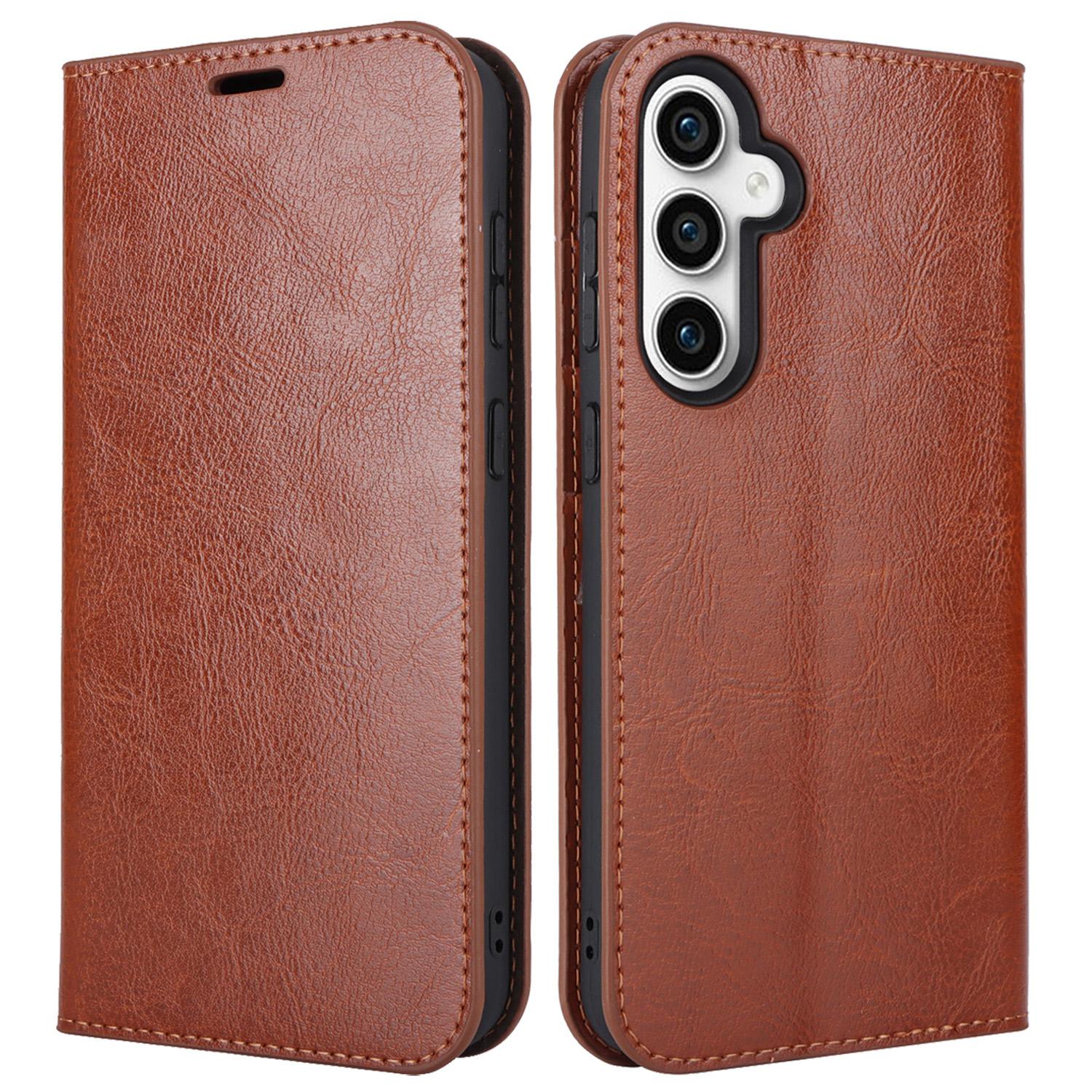 

For Samsung Galaxy S23 FE Case Crazy Horse Texture Genuine Split Leather Phone Cover with Stand and Wallet Light Brown
