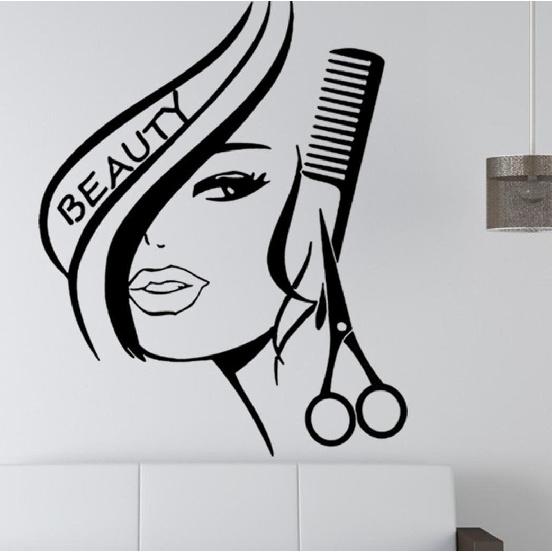 BIBITIME Modern Fashion Beauty Girl Cut Hair with Scissors Comb Barber Shop Wall Decal Window Sticker Hairdressing Salon Creative Personality Vinyl