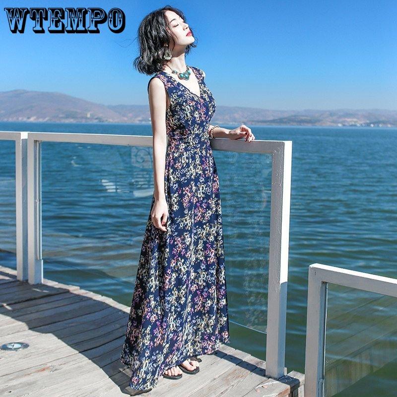 WTEMPO Women's Summer V-neck Dress Seaside Vacation Print Beach Dress Bohemian Waist Dress Loose Temperament Floral Dress Fairy Dress