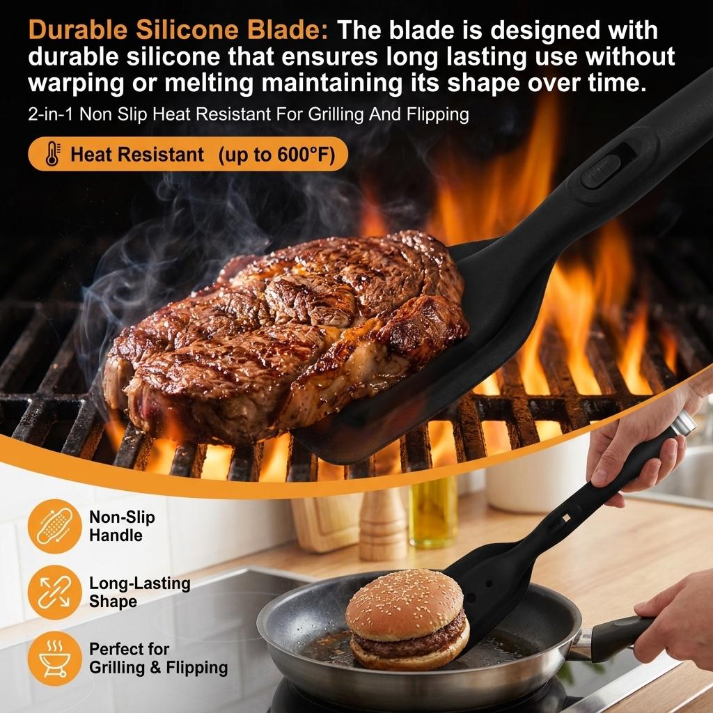 Silicone Steak Turner Spatula 2-in-1 Non Slip Heat Resistant For Grilling And Flipping