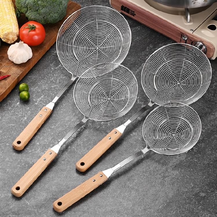 Trådspindel Skimmer Rostfri Sked med Trähandtag Professionell Sil för Matlagning och Fritering Köksredskap
