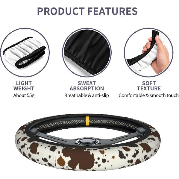 Brown Western Cow Print Steering Wheel Cover for Women Men with 2 Pcs Car Coasters, 15 Inches Neoprene Anti-Slip Cute Universal Car Accessories